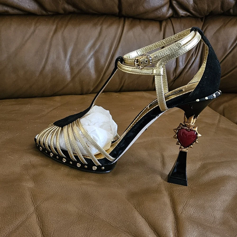 Dolce & Gabbana Black Suede Metallic Gold Leather Luxury Heels Size 8 US (MINT) - Picture 4 of 16